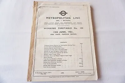 1961 Metropolitan Line Underground Tube Working Railway Timetable No 188 • £29.99