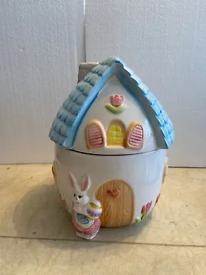 Easter Bunny Rabbit House Cottage Cookie Jar 9” Ceramic Egg Shape. NIB • $14