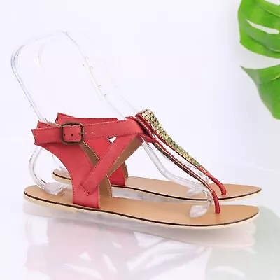 Ecote Women's Sandal Size 9 Gold Studded T-Strap Thong Red Leather Flat Shoe • $27.49