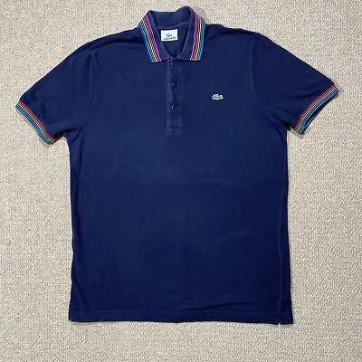 Lacoste Polo Shirt Size 5 Large Slim Fit Navy Blue Rainbow Stripe Collar Detail • £17.99