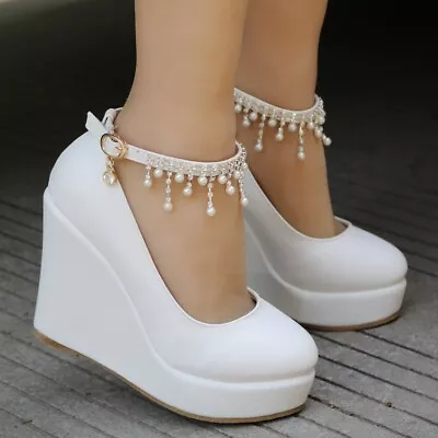 £7.99 • Buy Women Wedding Bride Wedge Shoes Ankle Strap Tassel Pearl Diamante Platform Pumps
