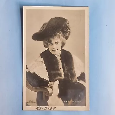 Edwardian Actress Postcard Real Photo 1905 Miss Madge Lessing Fur Stole & Hat • £5.95