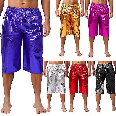 Men's Shiny Metallic Glossy Shorts Fashion Loose Short Pants For Music Festival • £14.87