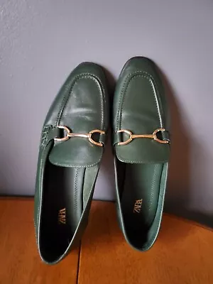 Zara Loafer Moccasin  Soft  Green Leather Gold Buckles  Women's Sz 41  US Sz 10  • $50