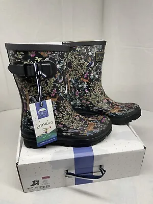 NIB Joules Molly Welly Rain Boots Black Tree US Women's Size 7 • $50