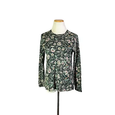J. Jill Size PM Pima Crewneck Hi-Lo Tee Green Paisley Floral Print Long Sleeve • $17.99