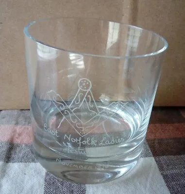 Vtg  Masonic Engraved WHISKEY GLASS Round Base 2 3/4  Tall E Norfolk Ladies 1976 • $14.99