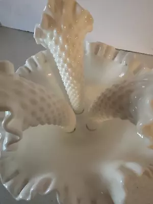 FENTON Milk Glass Hobnail 3 Horn Ruffled Epergne Trumpet Centerpiece Bowl • $61.99