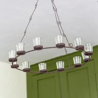 Large Hanging Tea Light Chandelier W/ 12 Glass Candle Holders Rustic Metal 55cm • £48