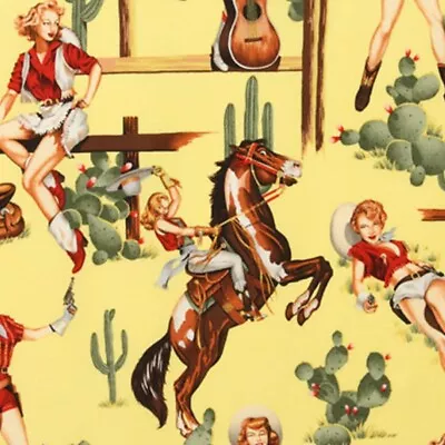 Alexander Henry FROM THE HIP - Western Rodeo Cowgirl Pin-up Fabric - Yellow • £8.95