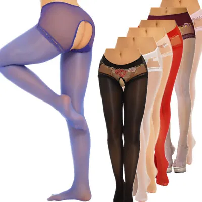 US Women's Oil Silk Sheer Pantyhose Hollow Out Suspender Thigh High Stockings • $6.57