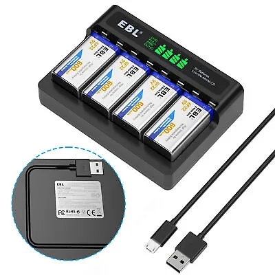 EBL Rechargeable 9V Battery+Charger For 9 Volt Lithium-ion/Ni-MH/Ni-CD Batteries • £29.99