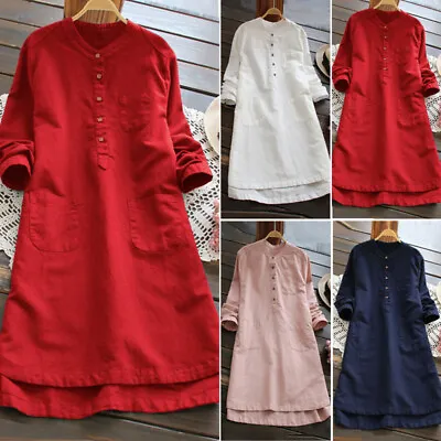 $22.99 • Buy ZANZEA Womens Cotton Linen Plain Shirts Long Sleeve High Low Workwear Tops PLUS