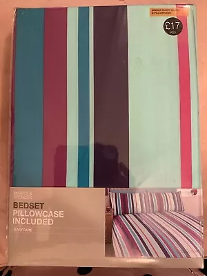 BNIP M&S Single Duvet Cover And Pillowcase Set Aqua Mix Stripe Multicolour • £12.50