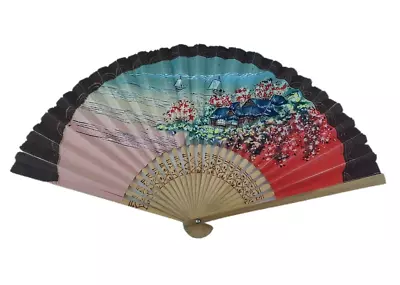 Vintage Occupied Japan Hand Fan Wooden Paper Seaside Home Boats Flowers • $13.58