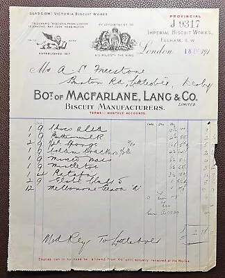 1914 Macfarlane Lang & Co. Imperial Biscuit Works Fulham London Invoice • $6.21