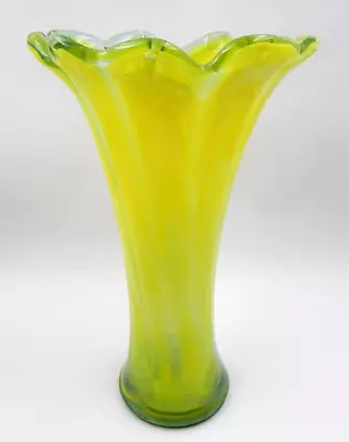 Vintage 11  Hand Blown Glass Vase Murano Style Yellow Green Ribbon Glass • $49.95