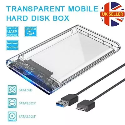 Hard Drive Enclosure 2.5 Inch USB 3.0 SATA Case External Clear Caddy HDD SSD • £4.45