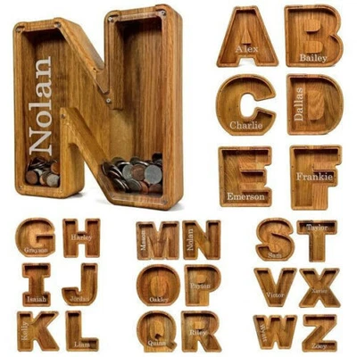 Wooden Piggy Bank Funny Letter/Guitar Coin Saving Money Box Kids Adults Gift AU • $13.99
