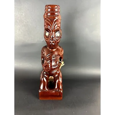 VTG Maori Tiki God Hand Carved Matai Wood Statue Paua Shell Eyes New Zealand Tag • $120