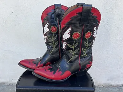 Size 9 - Montana Womens Vintage Cowboy Boots Double Sided Butterfly Inlays • $450