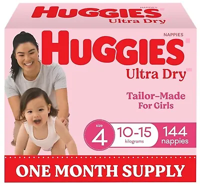 Huggies Ultra Dry Nappies Girls Size 4 (10-15kg) 144 Count - One Month Supply • $68.75