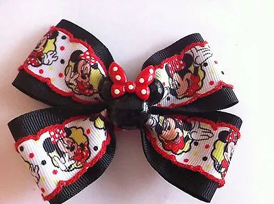 Girls Hair Bow 4  Wide Minnie Mouse Ribbon Black Minnie Flatback Alligator Clip • $6.99