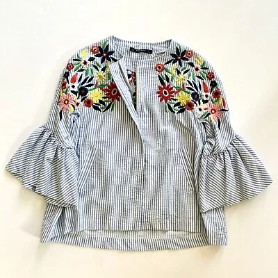 Zara Embroidered Jacket Womens Small Floral Seersucker Flare White Blue Stripe • $18.90