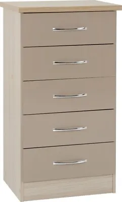 Nevada 5 Drawer Narrow Chest In Oyster Gloss And Light Oak Effect Veneer • £99.99