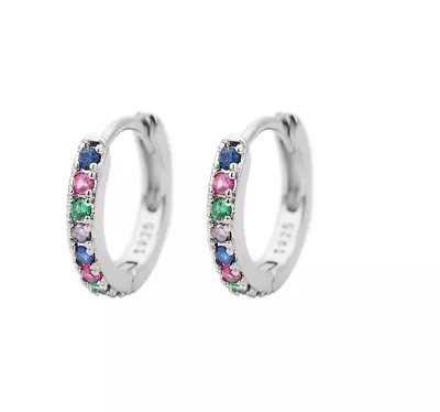 925 Sterling Silver Plated Small Colorful Cz Huggie Hoop Earrings Women Men I36 • $4.95