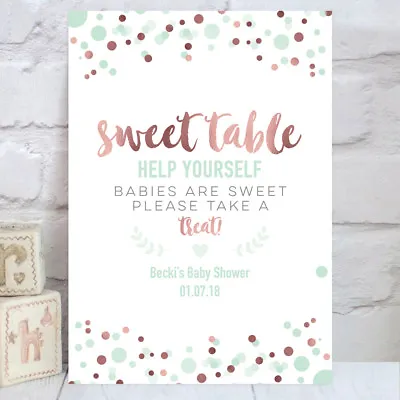 £5.50 • Buy Baby Shower Sweet Table Candy Buffet Sign Poster Rose Gold & Mint Green (BS17)