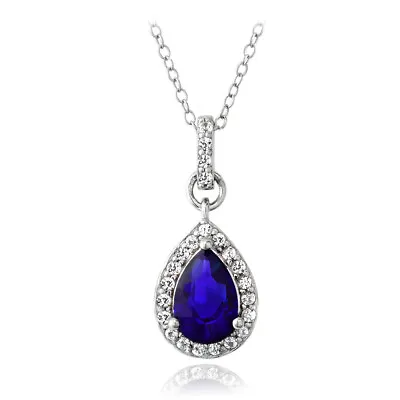 925 Silver Lab Created Blue & White Sapphire Teardrop Necklace 18  • $25