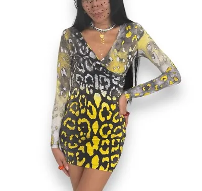 $1545 VERSACE Yellow Silver Animal Long Sleeve Faux Wrap Mini Dress XS Mobwife • $245