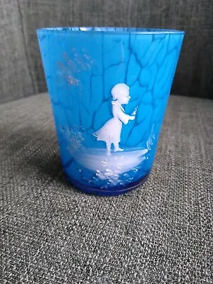 Mary Gregory Cup/Tumbler/votive Teal Marbled. Girl Holding Flower Hand Painted • $53.84