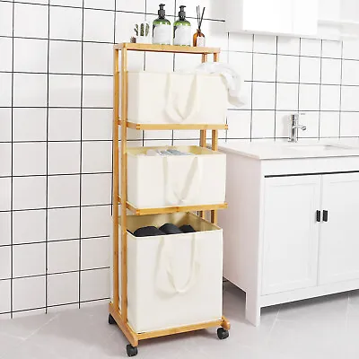 $49.99 • Buy 3 Tier Laundry Basket Bamboo Storage Shelf With Wheels Rolling Laundry Cart