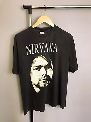 Vintage 90s Nirvana T-shirt Black Curt Kobain Face Rare Topshirt Sz L • $185.38