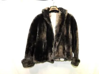 Vintage M Gray Mouton Lamb Fur Coat Shearling Blue Striped Satin Line Day Eve Md • $74.99