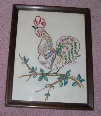 Vintage Wood Framed Hand Embroidered Rooster Wall Art 10  X 13  Under Glass NICE • $9.99