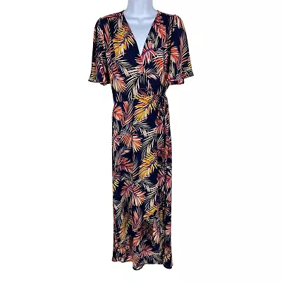 Veronica M Maxi Wrap Dress Medium Tropical Floral Leaf Print Flowy Flutter Sleev • $34.99