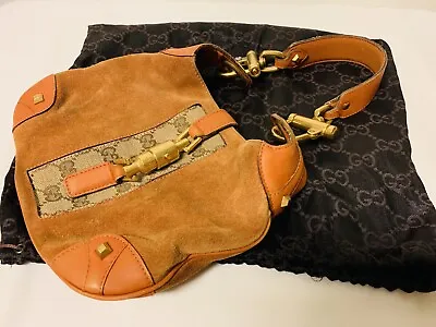 Gucci Orange/Beige GG Canvas Suede And Leather Small Jackie Nailhead Hobo • $675