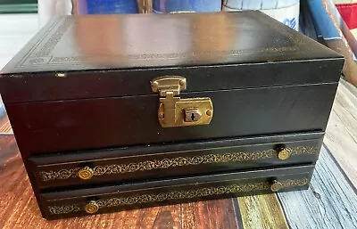 Vintage Mid Century 2 Drawer Black Faux Leather Jewelry Chest Box Large • $34.99