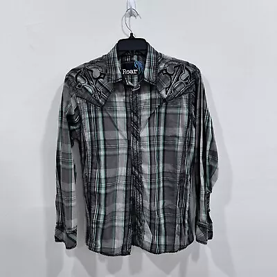 Roar Shirt Men L Gray Green Plaid Embroidered Stitch Stretch Button Long Sleeve • $19.45