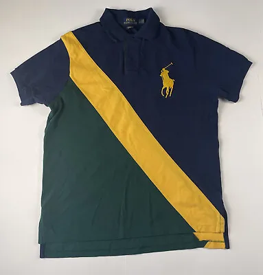 Ralph Lauren Polo Shirt Mens Large Blue Yellow Custom Fit Big Pony Preppy Casual • $29.95