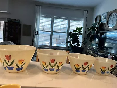 Vintage 1940s Fire King Ivory Tulip Nesting Mixing Bowls Set Of 4 VGUC • $61