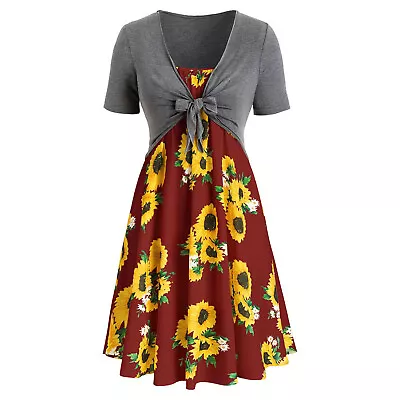 $28.31 • Buy Women Casual Dress Short Sleeve Bow Knot Bandage Tops Sunflower Print Suit Dress