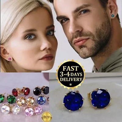 Mens Womens Round 7mm Austrian Crystal Yellow Gold Filled Stud Earrings Unisex • £4.99