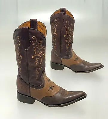 D’Emanuels Cowboy Boots Womens US 8 Mens 6 Western Leather Overlay Inlays Brown • $69.99