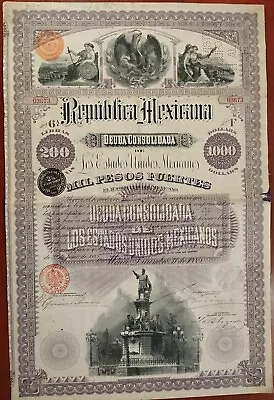 Mexico 1885 Republica Mexicana COLUMBUS 1000 Pesos Dollars Bond Loan Share Stock • $530