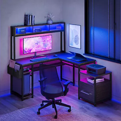 Reversible L-Shaped Computer Desk With File Cabinet LED Lights & USB AC Outlet • $99.99
