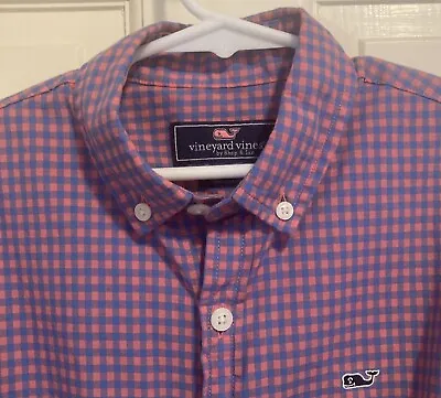 Vineyard Vines Boy’s Whale Dress Shirt Blue Pink Checks 100% Cotton Size S 8 10 • $14.99